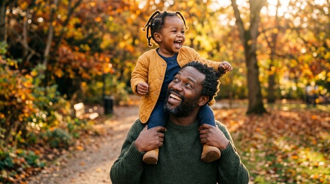 Joyful African American father giving black toddler daughter shoulder ride in autumn park.