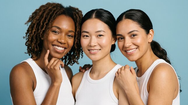 Diverse friends embracing in white tops against solid blue background for wellness concept.