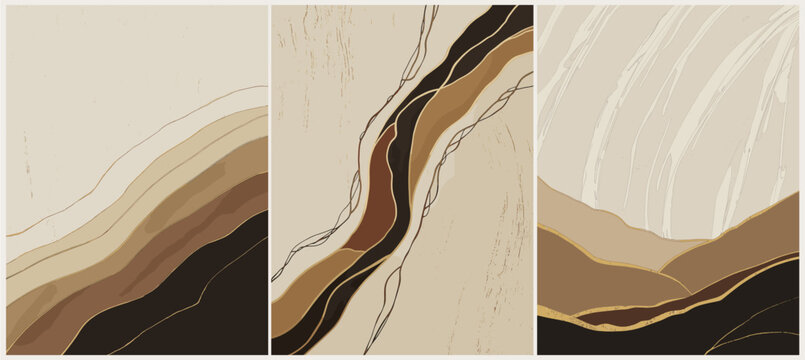 Luxury set of three Japandi wall art prints with layered brown landscapes, wabi sabi textures, kintsugi gold lines and modern organic design.