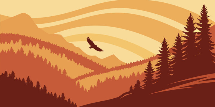 Majestic eagle flying over dense evergreen mountain forest landscape at sunset with mountain landscape wildlife evergreen wilderness silhouette environment adventure majestic predator