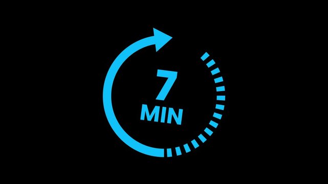 7 minute timer with circular arrow and dotted path animation for time management concepts. Circular arrow timer displaying 7 minutes duration. circular timer icon with number 7. 7 min Timer Animation.
