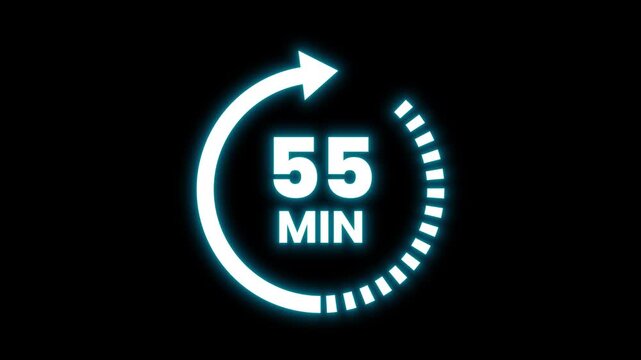 55 Minute Glowing Timer with Circular Arrow and Dotted Path Animation. Glowing Countdown Clock Icon Displaying 55 Minutes Duration. Time Management Concept, Glowing Circular Timer Icon. 55 Minutes