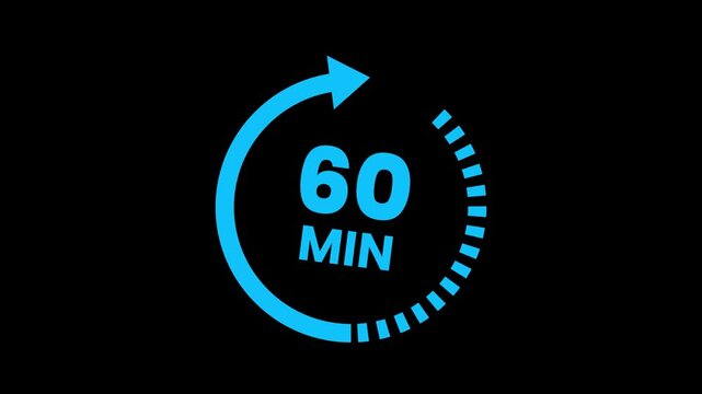 60 minute timer with circular arrow and dotted path animation for time management concepts. Circular arrow timer displaying 60 minutes duration. circular timer icon with number 60. 60 min Timer Animat