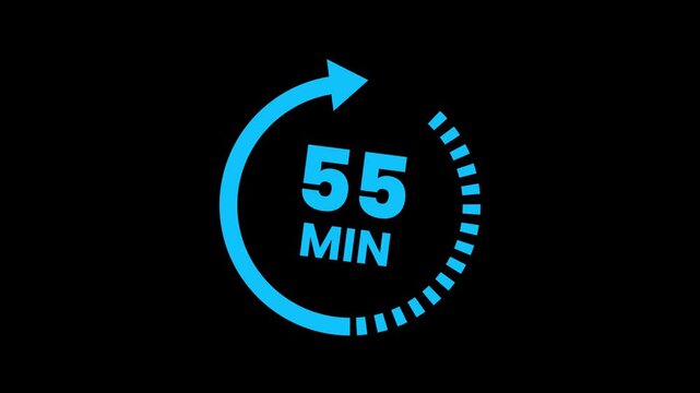 55 minute timer with circular arrow and dotted path animation for time management concepts. Circular arrow timer displaying 55 minutes duration. circular timer icon with number 55. 55 min Timer Animat
