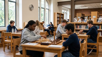 Fototapeta premium Diverse students playing chess and studying together in modern university library