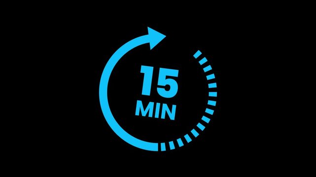 15 minute timer with circular arrow and dotted path animation for time management concepts. Circular arrow timer displaying 15 minutes duration. circular timer icon with number 15. 15 min Timer Animat