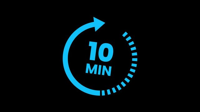 10 minute timer with circular arrow and dotted path animation for time management concepts. Circular arrow timer displaying 10 minutes duration. circular timer icon with number 10. 10 min Timer Animat