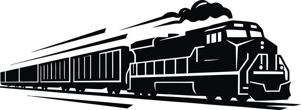 Vintage locomotive train vector illustration, retro freight train silhouette with smoke, industrial railway transport icon for logistics