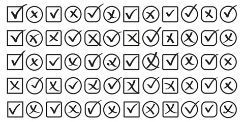 Green check mark and red cross icon set, circle and square. Tick symbol in green color. Hand drawn checkmark illustration. hand drawn doodle check mark, grunge brush vector © top3