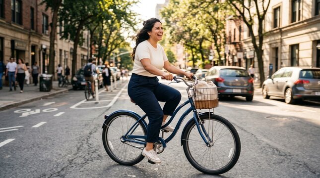 Joyful plus-size woman riding bicycle in sunlit city street promoting sustainable urban lifestyle.