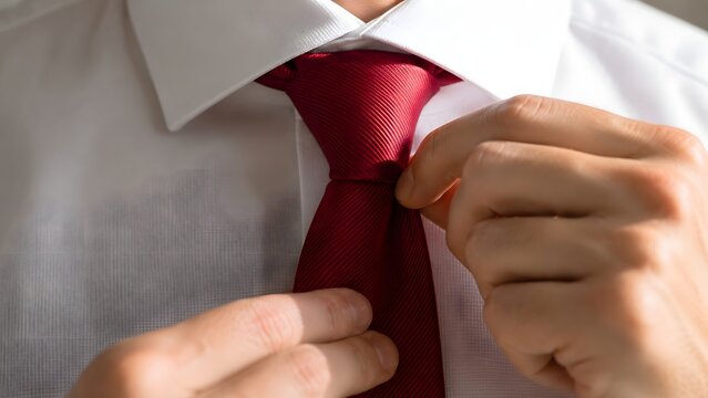 Professional businessman wearing a crisp white dress shirt and adjusting a vibrant red silk necktie around his collar before starting a busy day at work