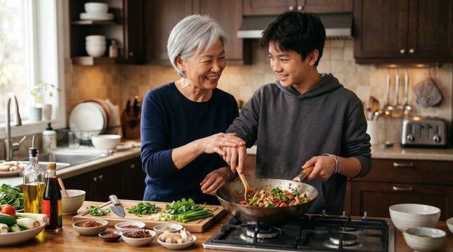 Senior Asian woman and teenage son cooking stir-fry together in warm home kitchen.