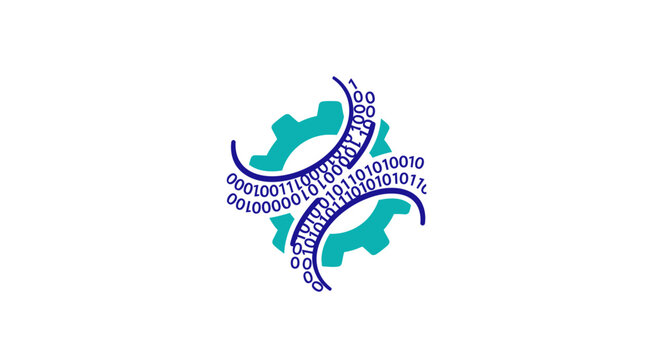 Digital data processing concept with gears and binary code in a modern flat design style