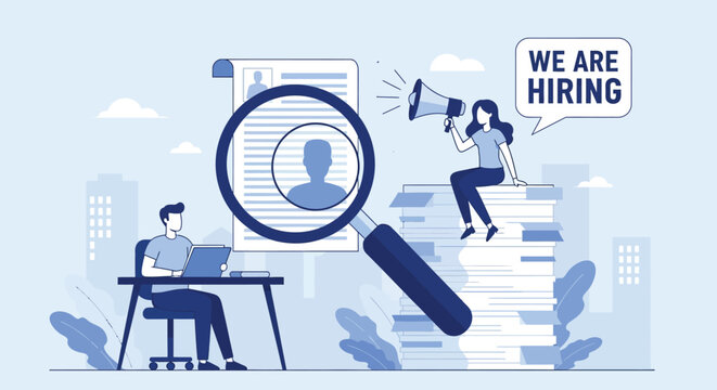 Hiring process, magnifying glass over resume, woman with megaphone on stack of papers, recruiting staff.