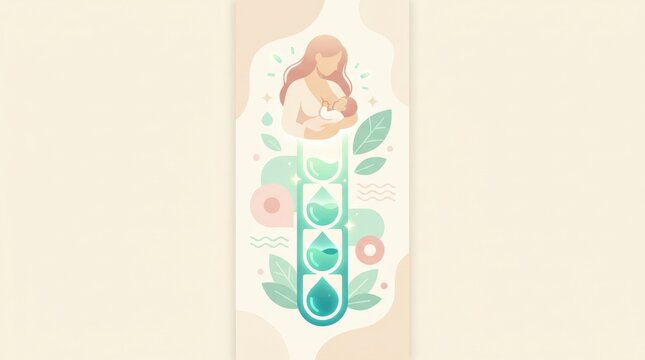 A woman is nursing her baby while focusing on hydration goals, represented by water droplets and leaves surrounding them.