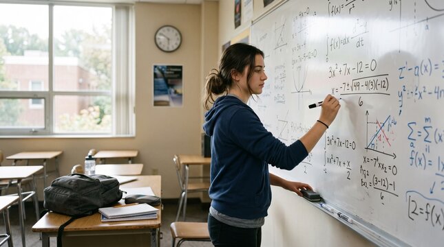 Young woman teaching complex math equations on whiteboard in modern classroom.