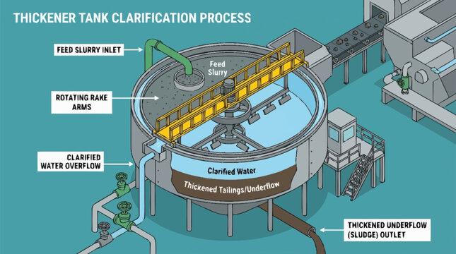 Industrial thickener tank clarification process in a modern facility.