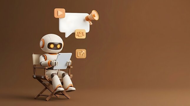 Friendly robot assistant using a tablet, surrounded by social media icons and a speech bubble, symbolizing digital communication and online engagement.