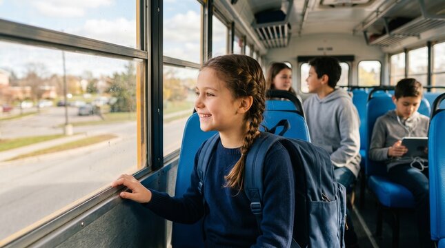 Smiling student girl looks out school bus window with classmates inside.