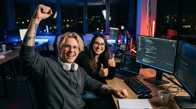 Happy diverse software developers celebrating successful project launch in modern tech office with thumbs up gesture.