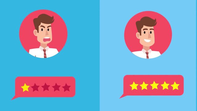 Split Screen Comparison of Bad 1 Star and Good 5 Star Customer Reviews Animation