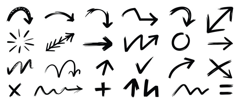 Black doodle arrow vector collection, sketch curved arrows, hand drawn direction signs, loop symbols and ink marker pointer elements, annotation and highlight design assets eps 10.