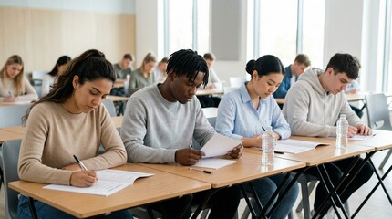 Fototapeta premium Diverse students taking exam with teacher in modern classroom.