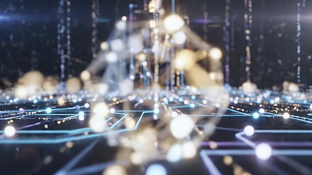 A futuristic abstract image showcases a network of glowing blue lines and nodes against a dark background, suggesting interconnectedness and digital technology.