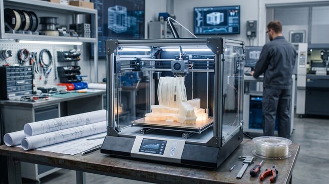 Industrial designer working with 3D printed architectural prototype in high-tech facility.