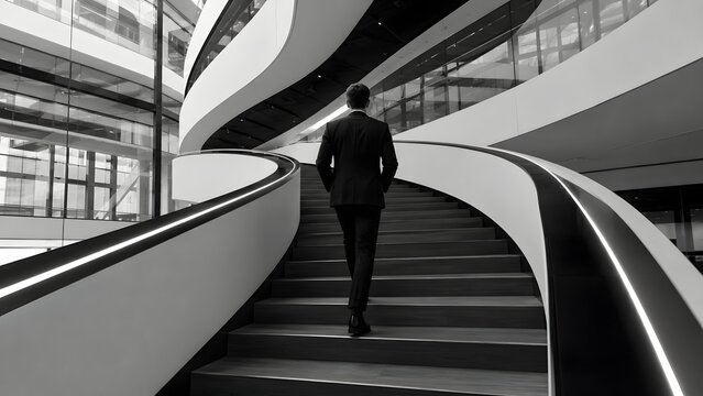 Professional businessman in a dark suit walking up a modern curved staircase inside a bright architectural office building captured from a low rear camera angle