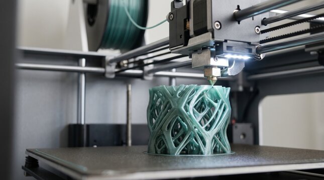 High-precision 3D printer creating geometric plastic prototype in modern laboratory.