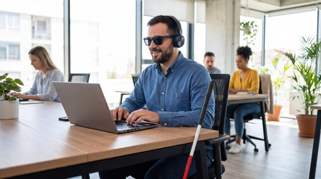 Blind professional using laptop with headphones in bright accessible coworking office space