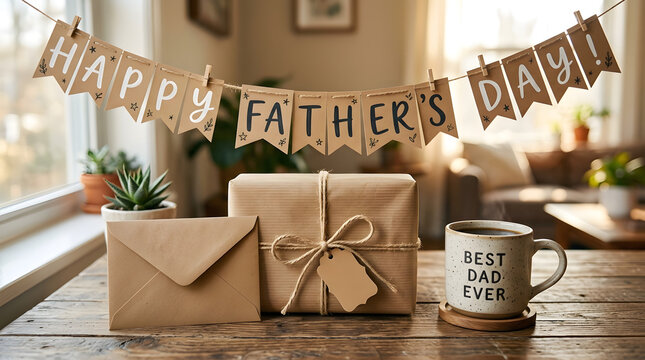 Cozy indoor scene featuring craft paper gift box with envelope and mug on wooden table under fathers day bunting decor.