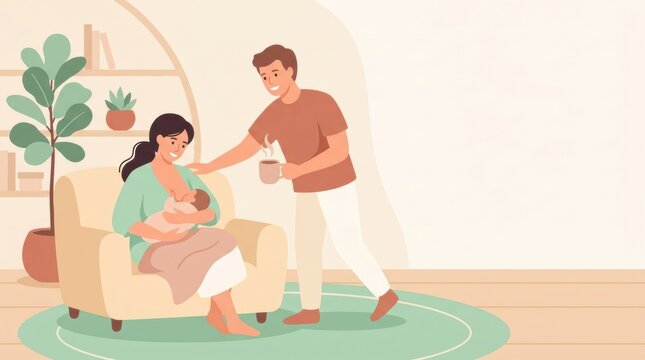 A mother is nursing her baby in a cozy chair while her partner offers support with a drink. This scene captures a moment of care and bonding at home.