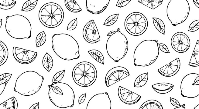 Hand drawn citrus fruits and leaves pattern design.