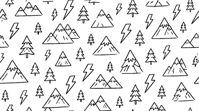 Repeating pattern of mountains trees and lightning bolts.