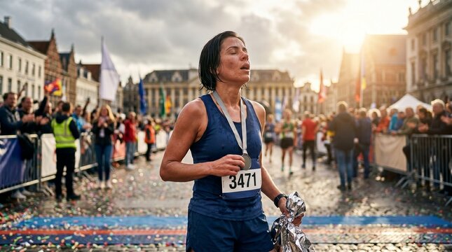 Exhausted female marathon runner with finisher medal standing in city center after race.