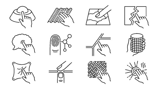 Collection of tactile sensory icons showing hand gestures touching various surfaces and textures.
