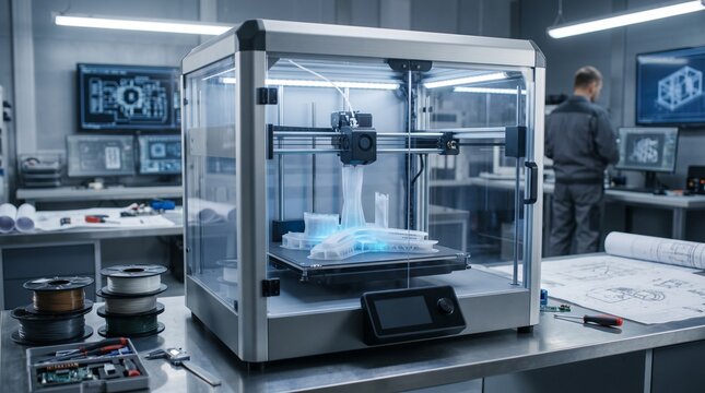 Engineer monitoring 3D printer creating structural prototype in modern engineering workshop.
