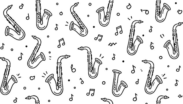 Black and white saxophone and music notes pattern.