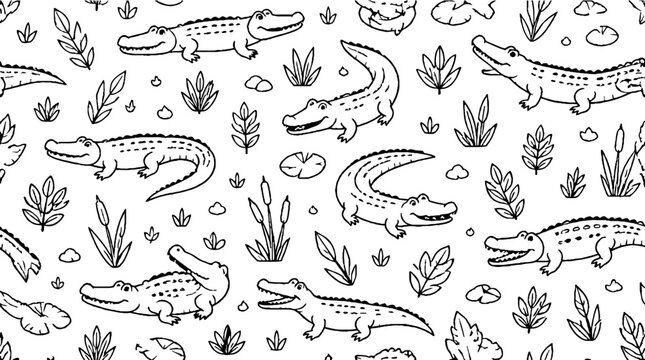 Detailed black and white crocodile pattern illustration.