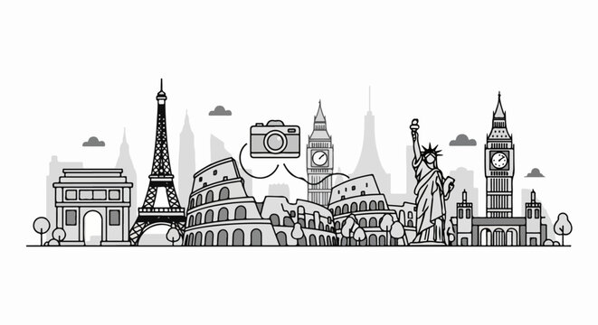 Famous Landmarks City Skyline Illustration.