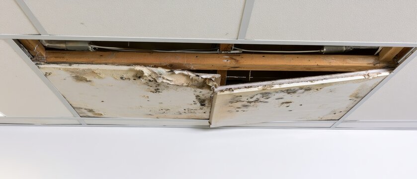 Damage occurs in ceiling tiles at office building due to moisture and possible mold growth in maintenance area