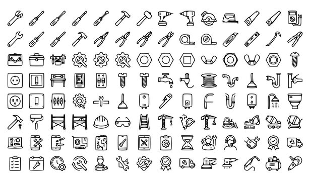 Repair Outline Icons Collection with Maintenance Tools and Technical Service Symbols