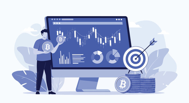 Trader analyzing bitcoin cryptocurrency market charts on computer screen with target and coins representing digital asset investment success flat design.