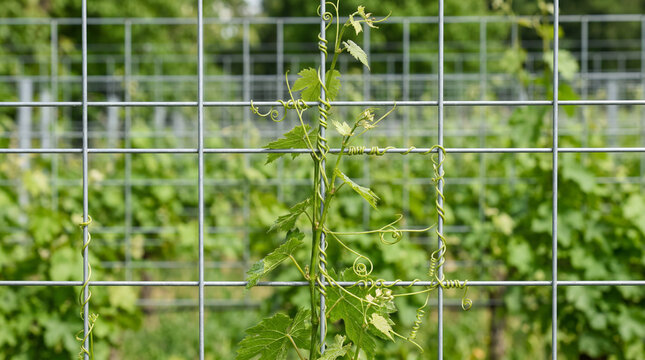 Green vine tendrils climbing up geometric trellis wire in neat orderly fashion gardening concept photography