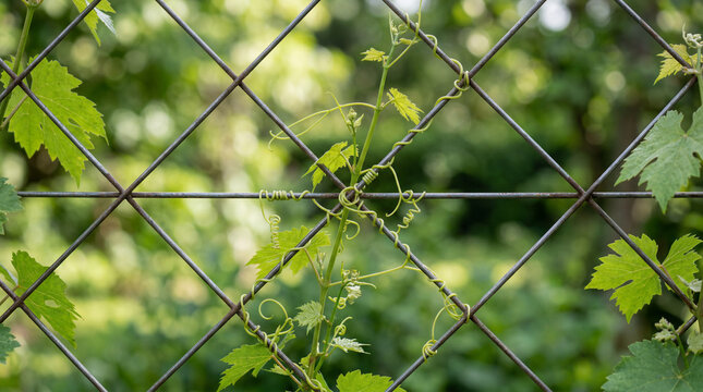 Elegant climbing vine tendrils on geometric trellis wire following neat orderly path nature decoration backdrop