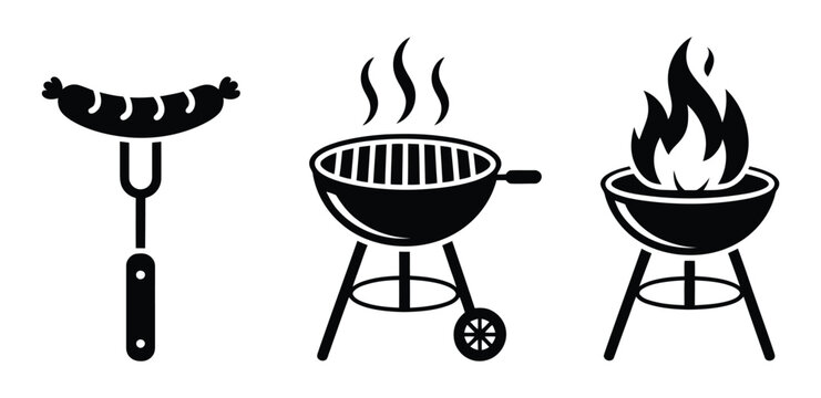 Barbecue icons set with grill and skewer symbols, BBQ cooking and outdoor grilling tools