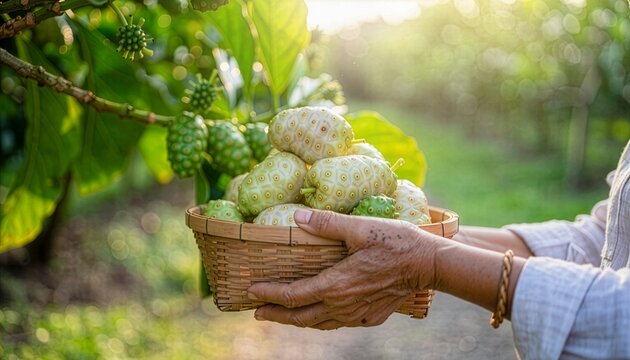 Farmer hands holding bamboo basket of fresh harvested noni fruits