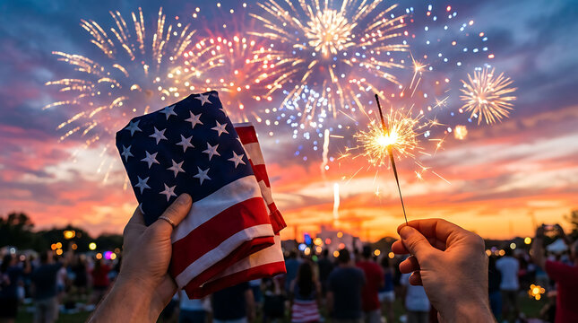 Patriotic 4th of July Celebration with American Flag and Fireworks at Sunset